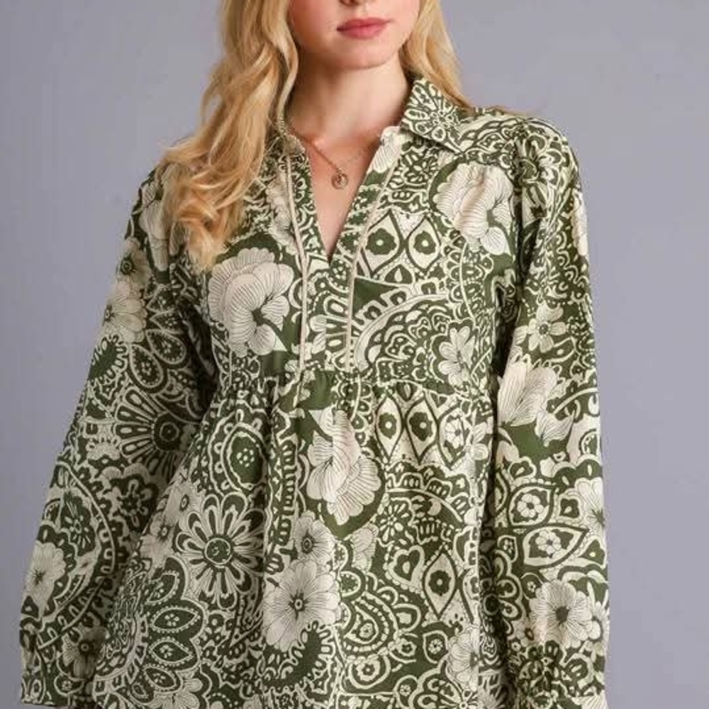 Umgee Olive Floral Babydoll V-Notched Blouse
